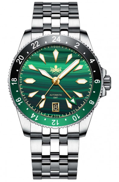 Phoibos Voyager GMT Green Malachite 200m Diver Automatic